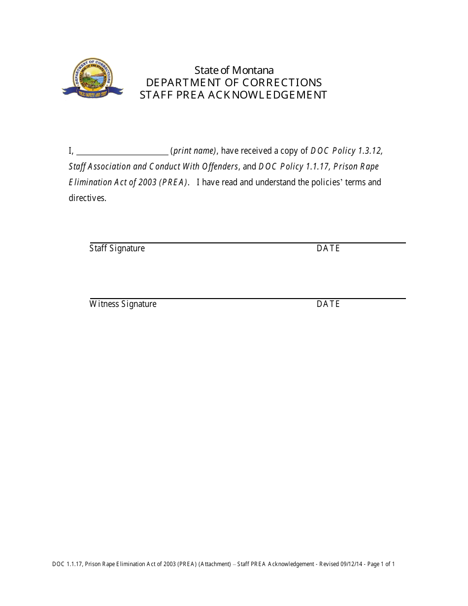 Staff Prea Acknowledgement Form - Montana, Page 1