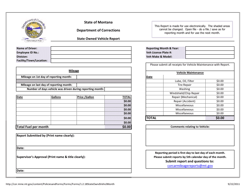 State Owned Vehicle Report Form - Montana Download Pdf