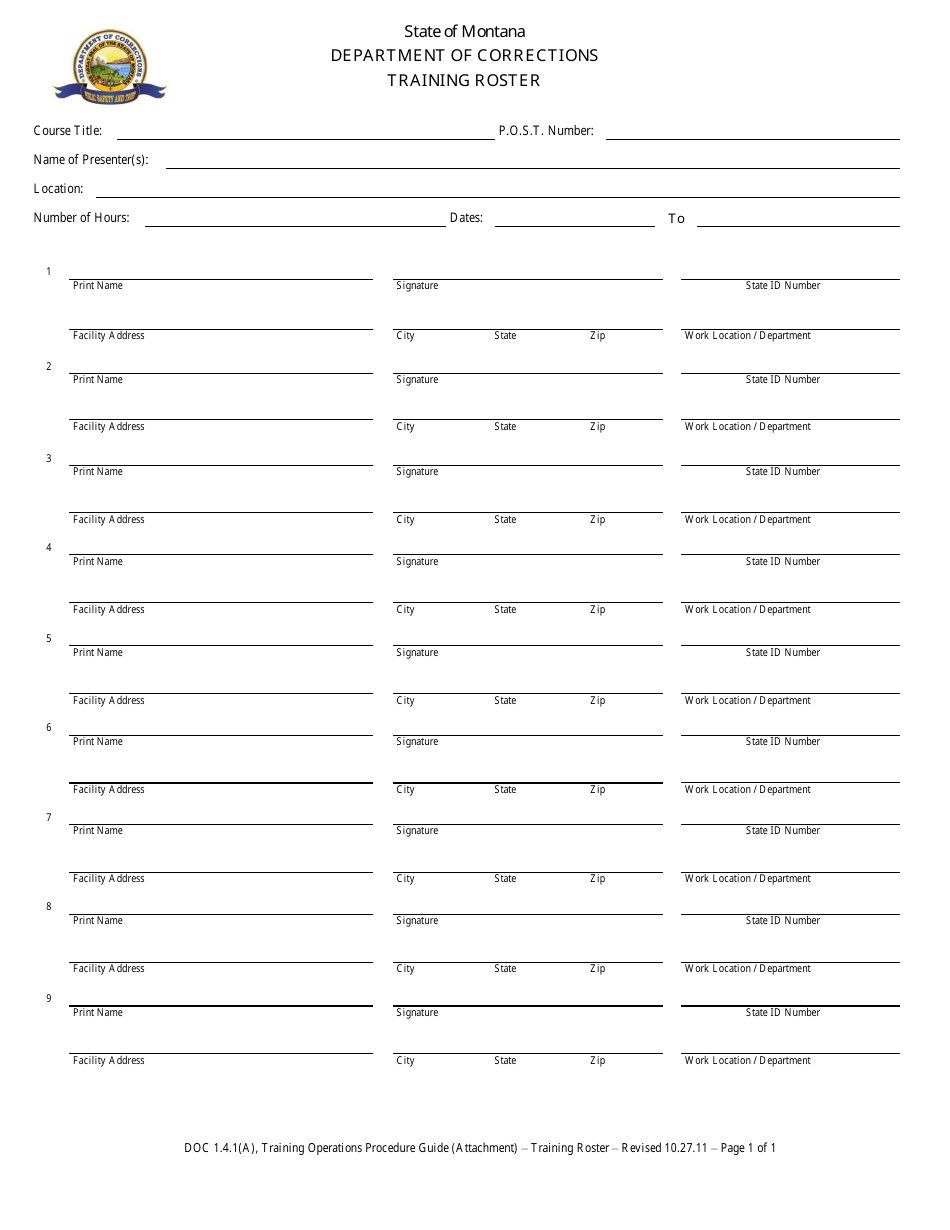 Montana Training Roster Download Printable PDF Templateroller