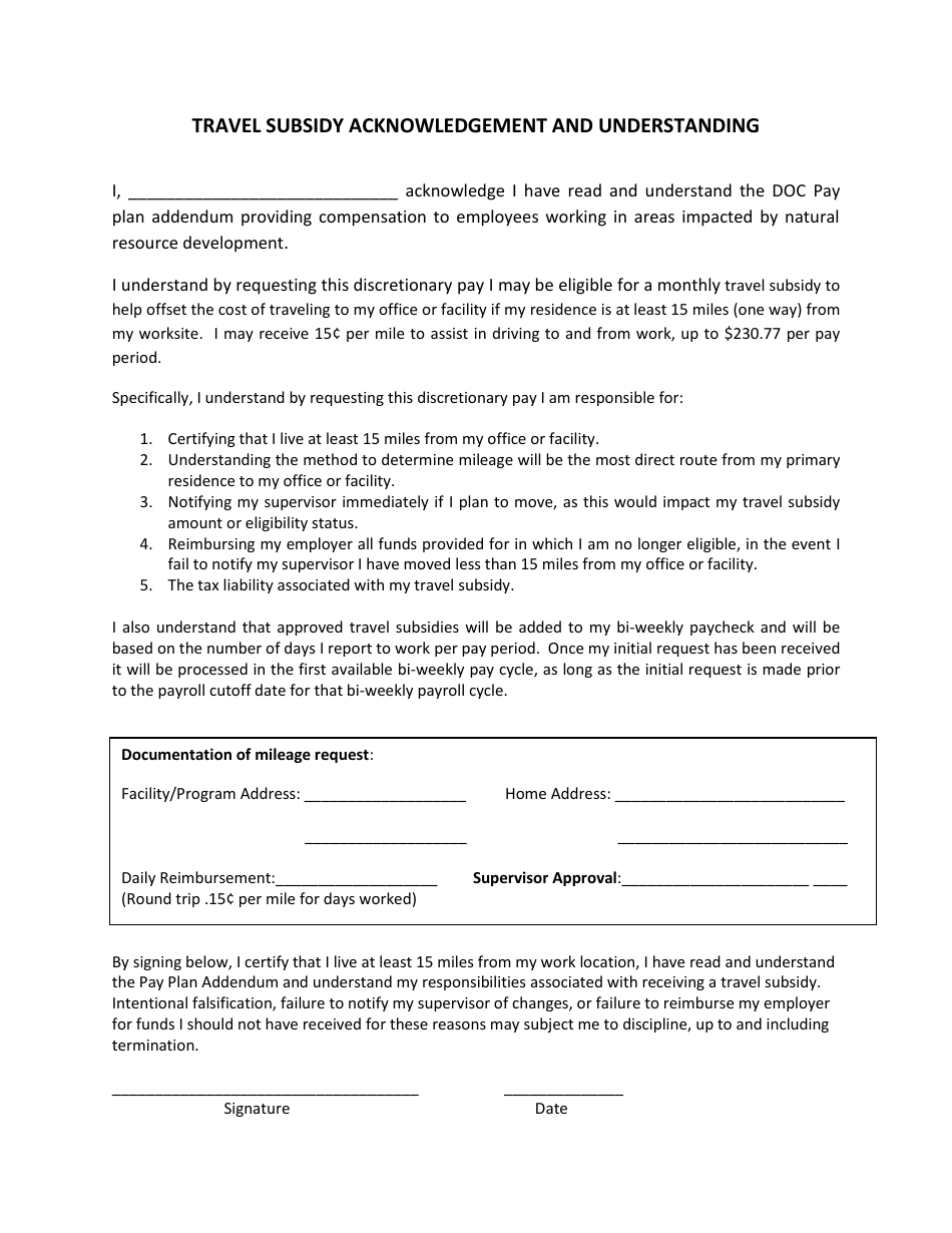 Travel Subsidy Acknowledgement and Understanding - Montana, Page 1