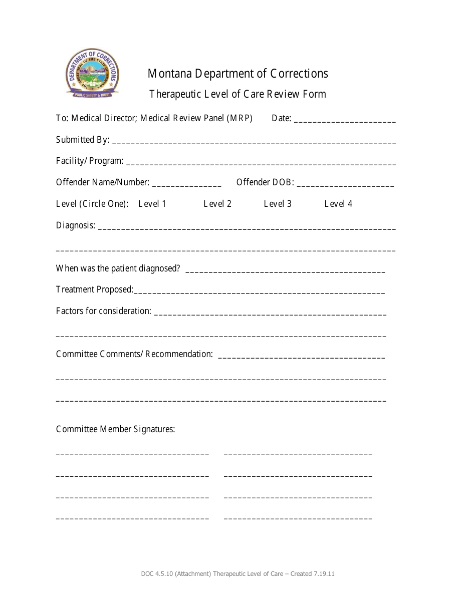 Therapeutic Level of Care Review Form - Montana, Page 1
