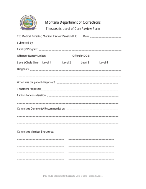 Therapeutic Level of Care Review Form - Montana Download Pdf