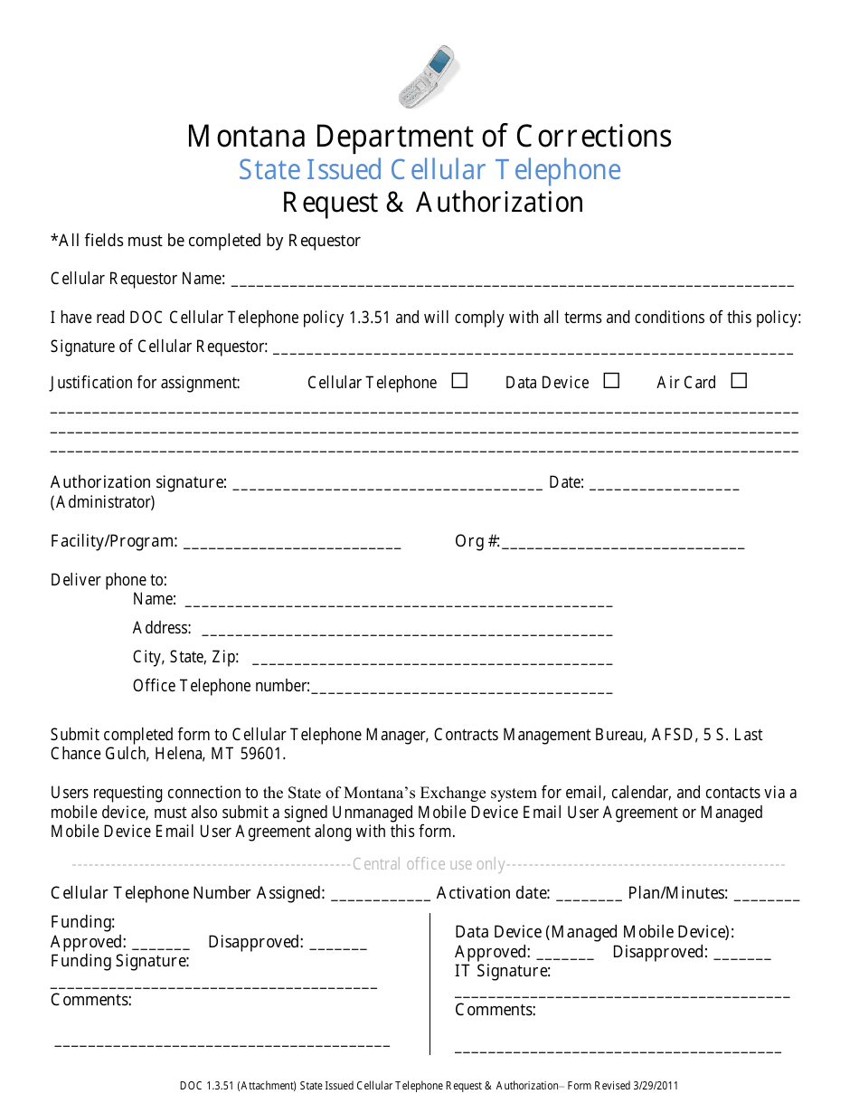 State Issued Cellular Telephone Request  Authorization Form - Montana, Page 1