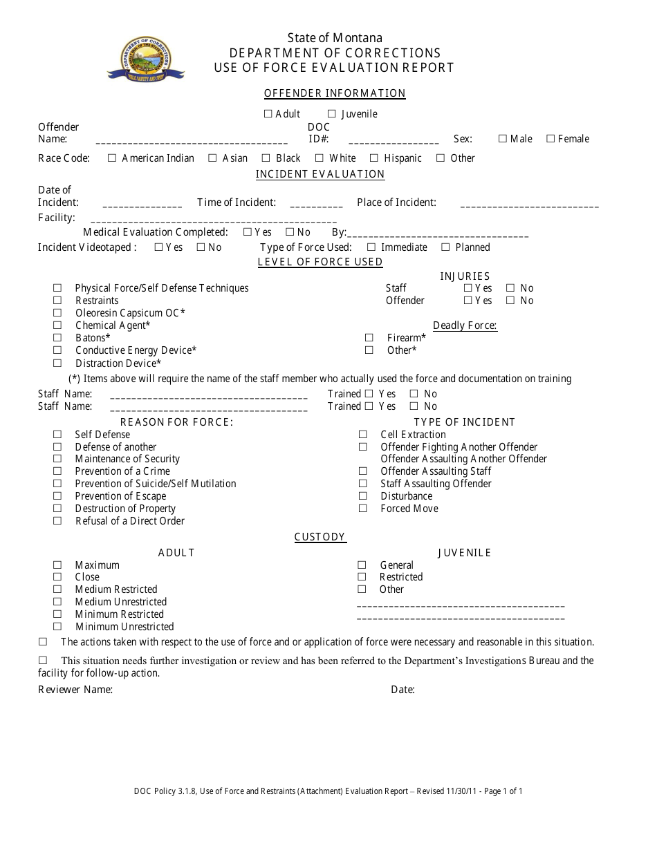 Use of Force Evaluation Report Form - Montana, Page 1