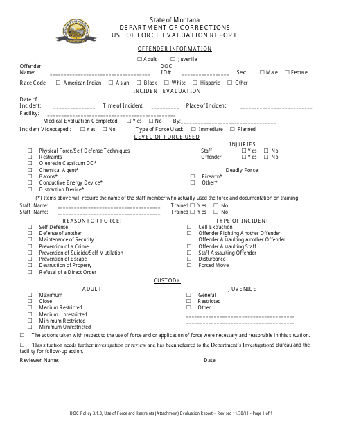 Use of Force Evaluation Report Form - Montana Download Pdf