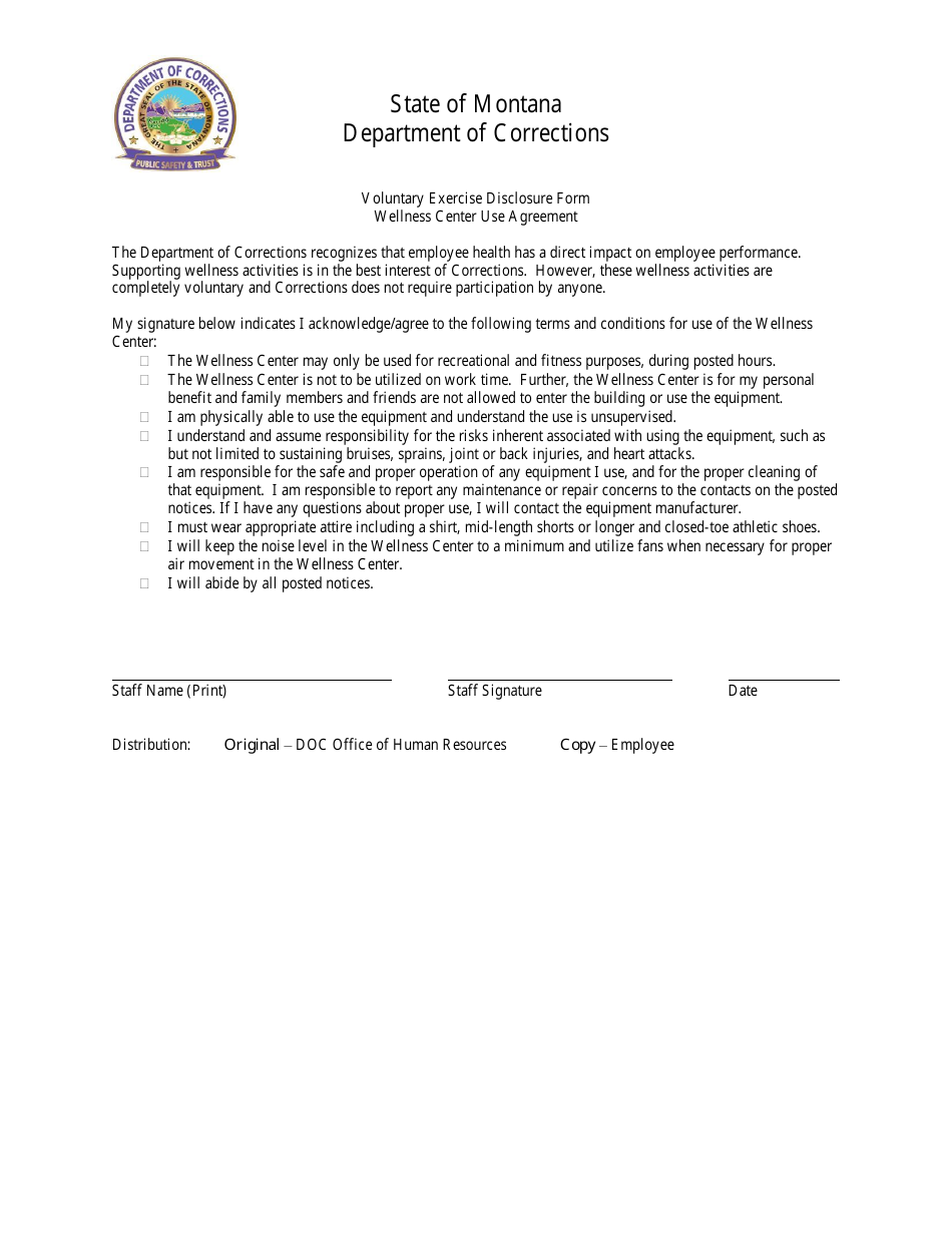 Voluntary Exercise Disclosure Form - Wellness Center Use Agreement - Montana, Page 1
