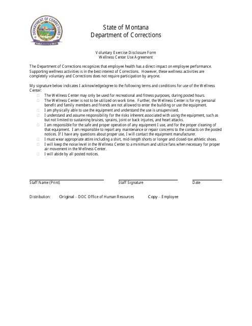 Voluntary Exercise Disclosure Form - Wellness Center Use Agreement - Montana Download Pdf