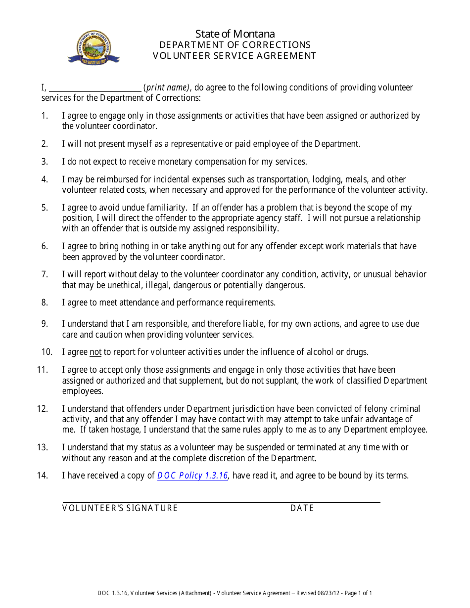 Volunteer Service Agreement Form - Montana, Page 1