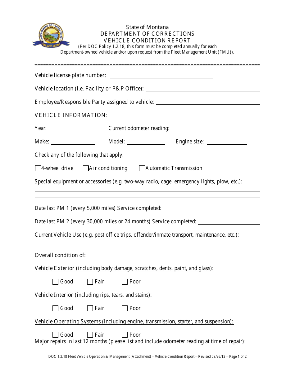 Vehicle Condition Report Form - Montana, Page 1