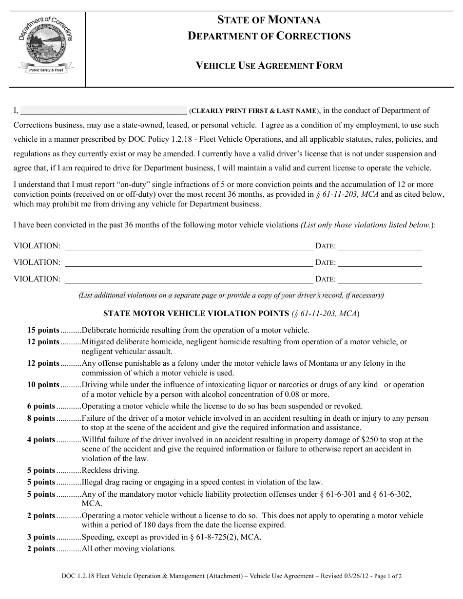 Vehicle Use Agreement Form - Montana, Page 1