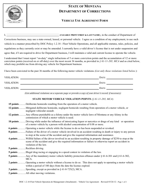 Vehicle Use Agreement Form - Montana Download Pdf