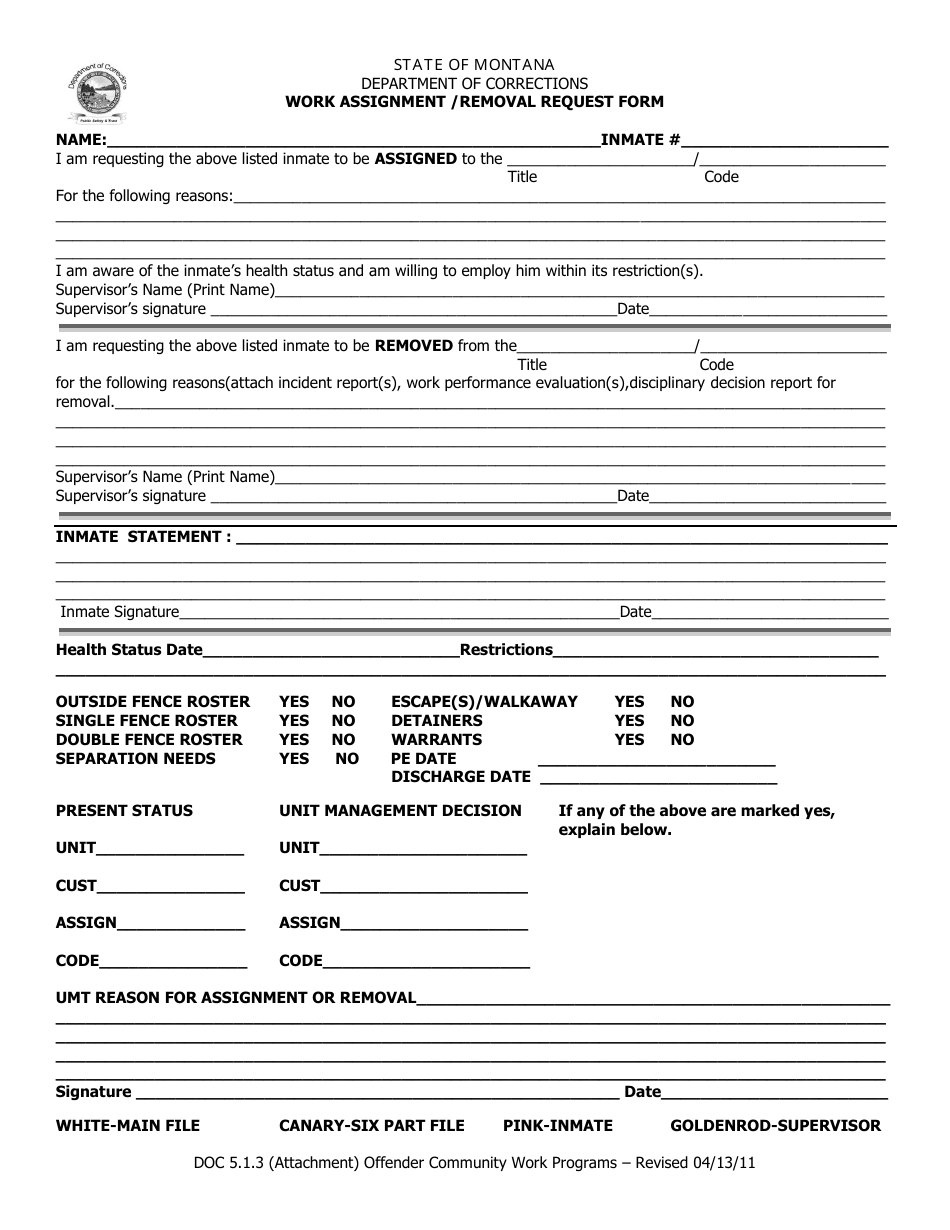 Work Assignment / Removal Request Form - Montana, Page 1