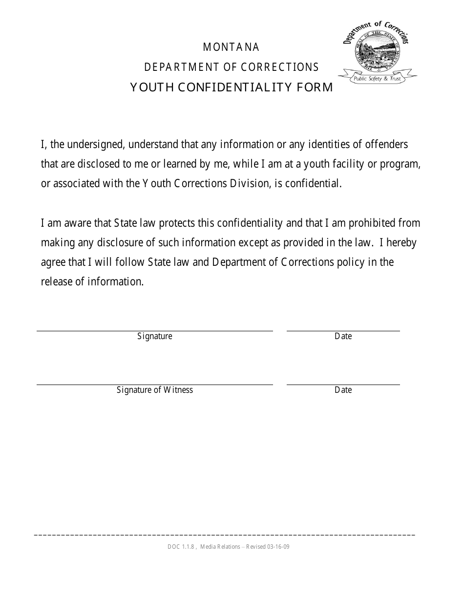 Youth Confidentiality Form - Montana, Page 1