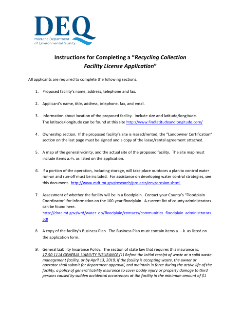 Instructions for Recycling Collection Facility License Application Form - Montana