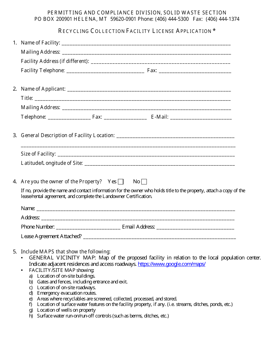 Recycling Collection Facility License Application Form - Montana, Page 1