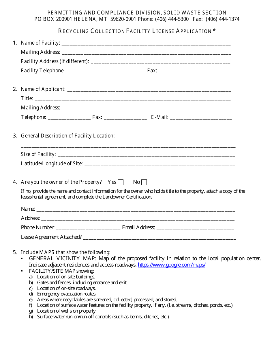 Montana Recycling Collection Facility License Application Form - Fill ...