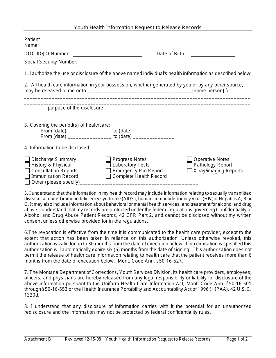 Attachment B Youth Health Information Request to Release Records - Montana, Page 1
