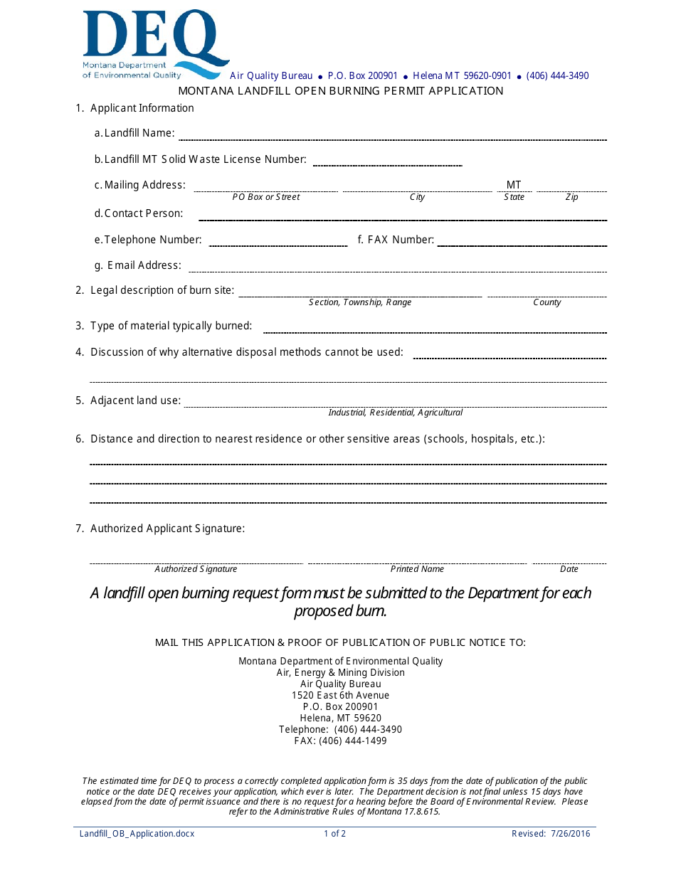 Montana Landfill Open Burning Permit Application Form - Montana, Page 1
