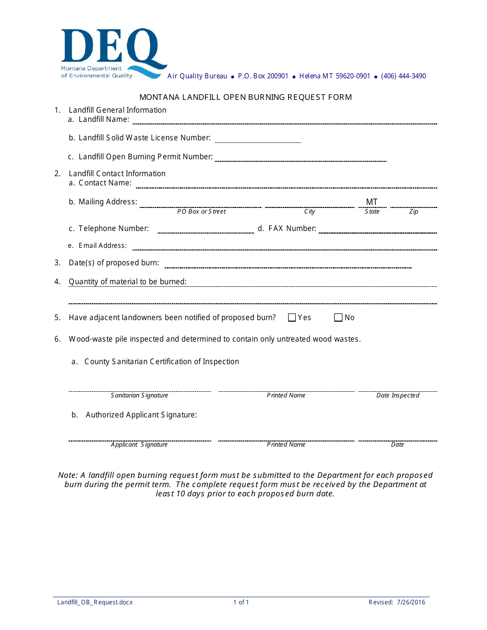 Montana Landfill Open Burning Permit Application Form - Montana, Page 3