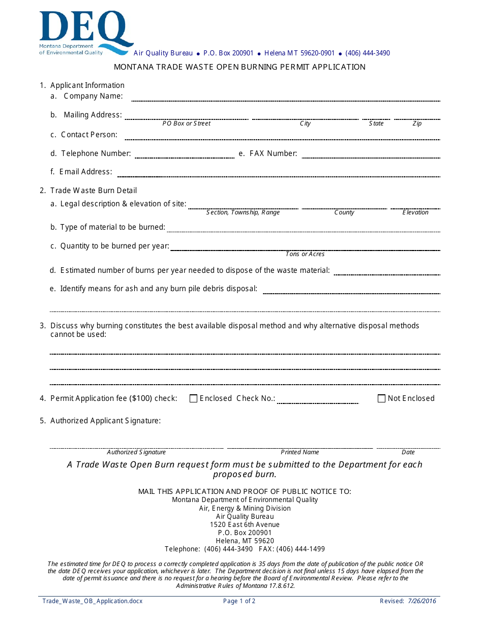 Montana Trade Waste Open Burning Permit Application Form - Montana, Page 1
