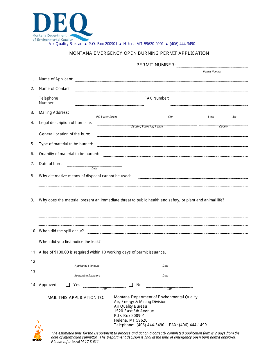 Montana Emergency Open Burning Permit Application Form - Montana, Page 1