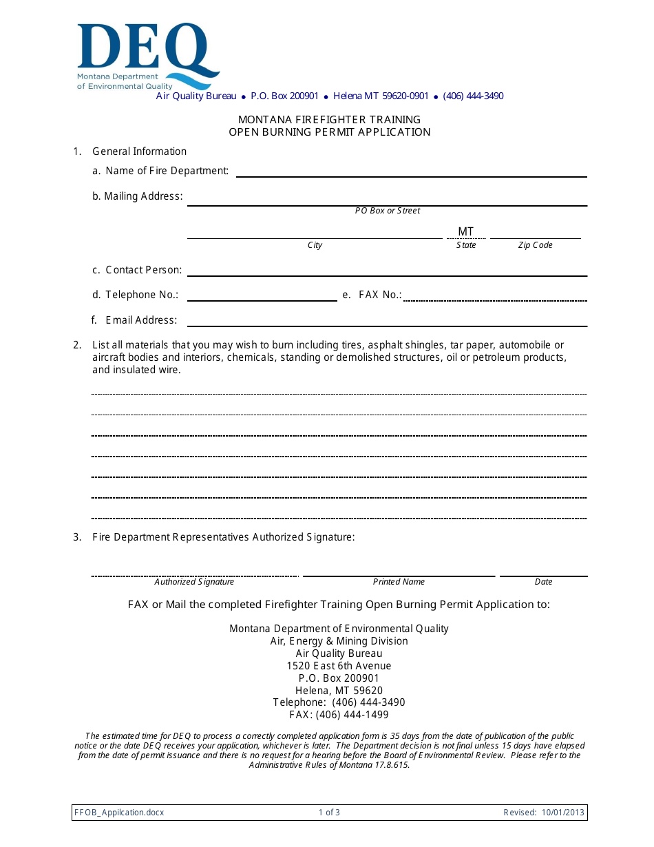 Montana Firefighter Training Open Burning Permit Application Form - Montana, Page 1