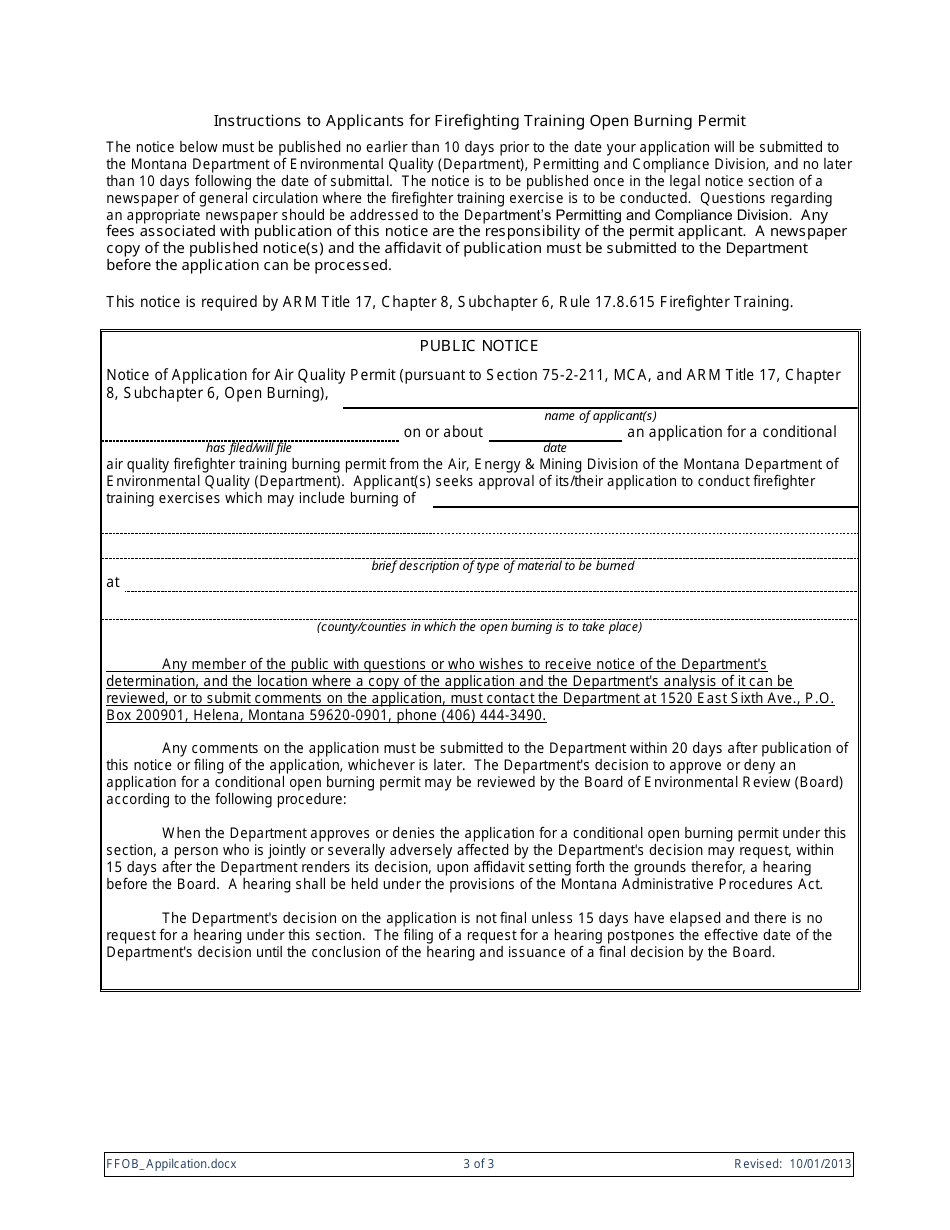 Montana Firefighter Training Open Burning Permit Application Form - Montana, Page 3