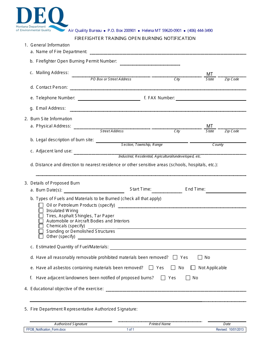Montana Firefighter Training Open Burning Permit Application Form - Montana, Page 4