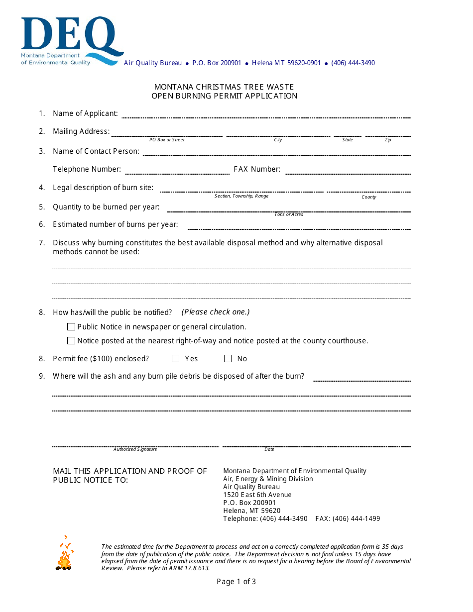 Montana Christmas Tree Waste Open Burning Permit Application Form - Montana, Page 1