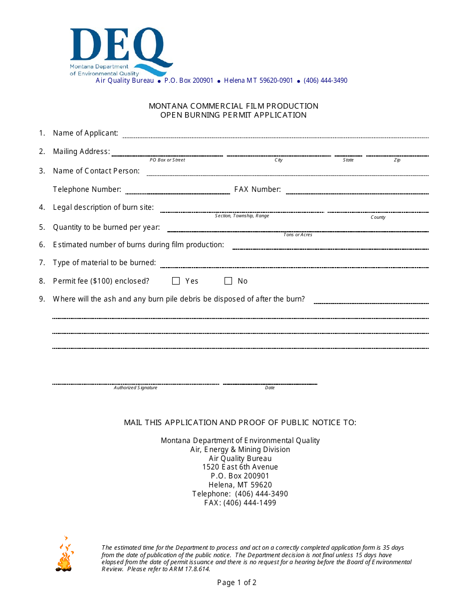 Montana Commercial Film Production Open Burning Permit Application - Montana, Page 1