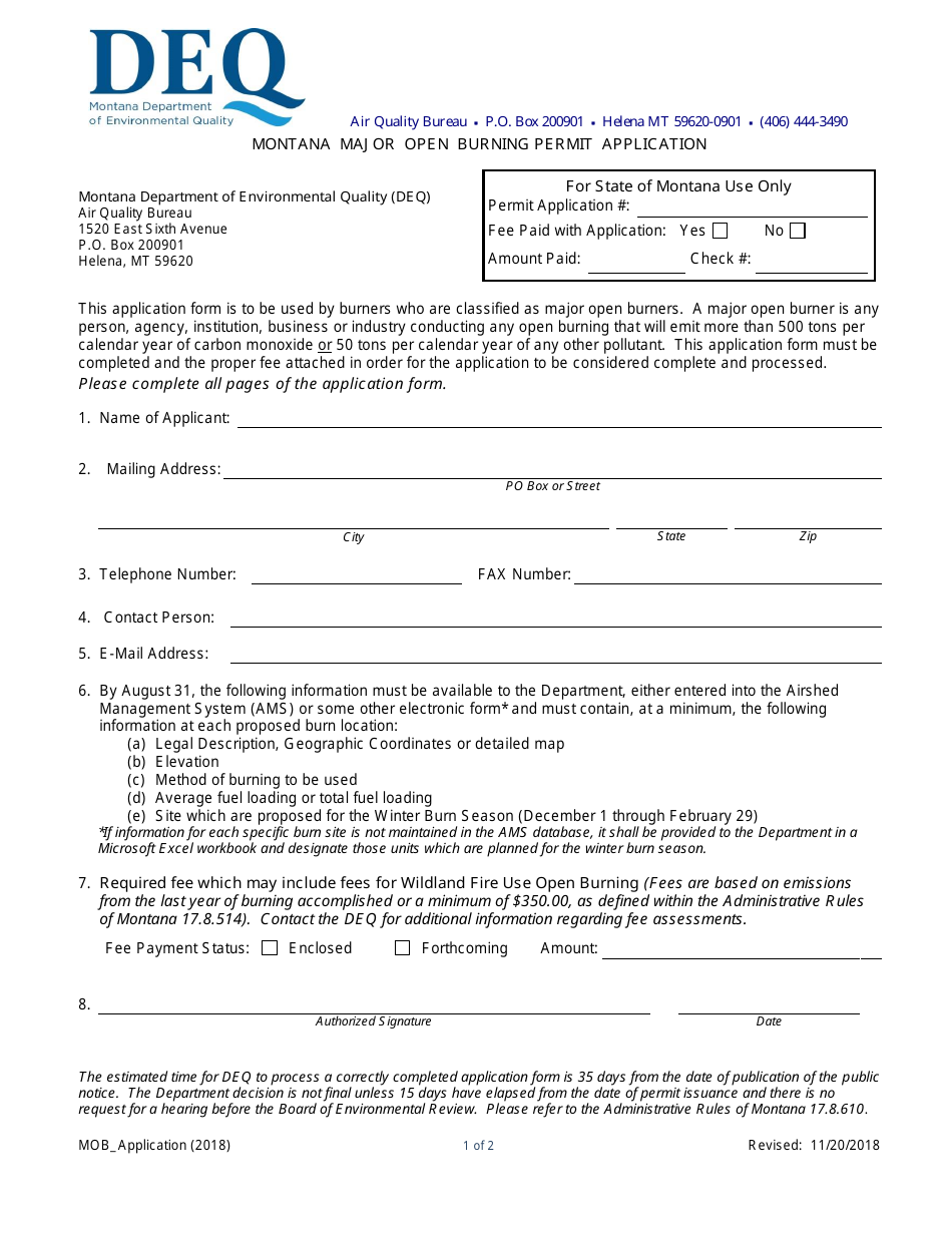 Montana Major Open Burning Permit Application Form - Montana, Page 1