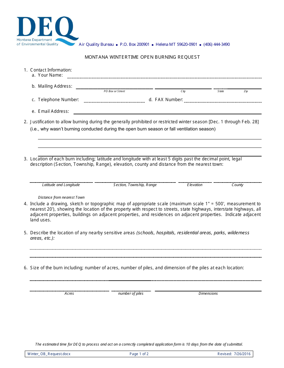 Montana Wintertime Open Burning Request Form - Montana, Page 1