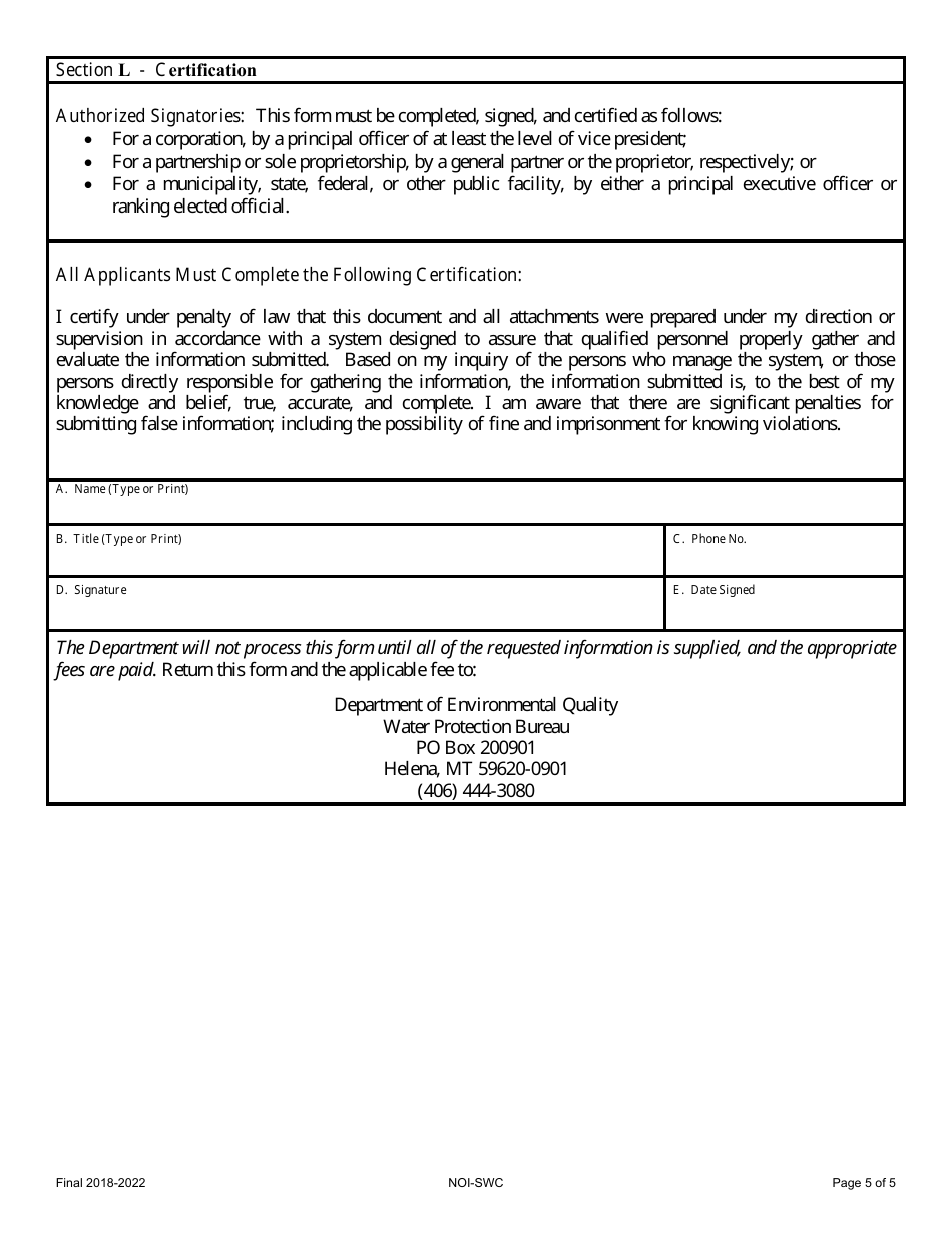 Form NOI-SWC Notice of Intent for Storm Water Discharge Associated With Construction Activity (Mtr100000) - Montana, Page 5