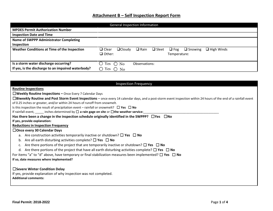 Attachment B Self Inspection Report Form - Montana, Page 1