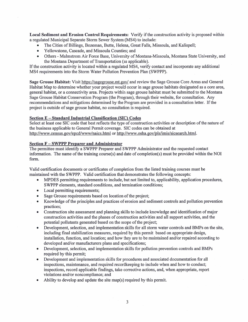 Instructions for Form NOI-SWC Notice of Intent (Noi) - Storm Water Discharge Associated With Construction. Activity (Mtr100000) - Montana, Page 3