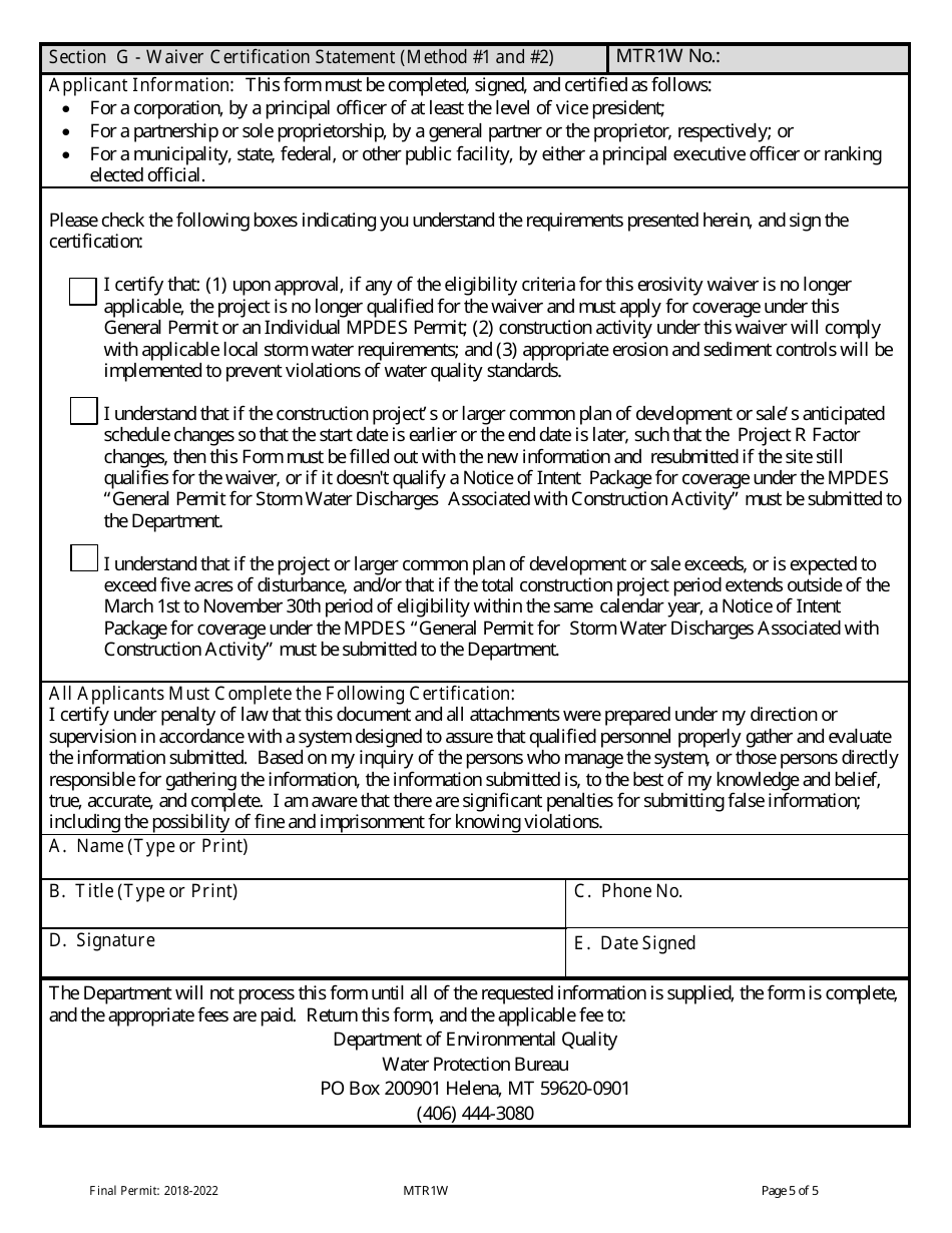 Form MTR1W Rainfall Erosivity Waiver Form (Mtr1w0000) - Montana, Page 5