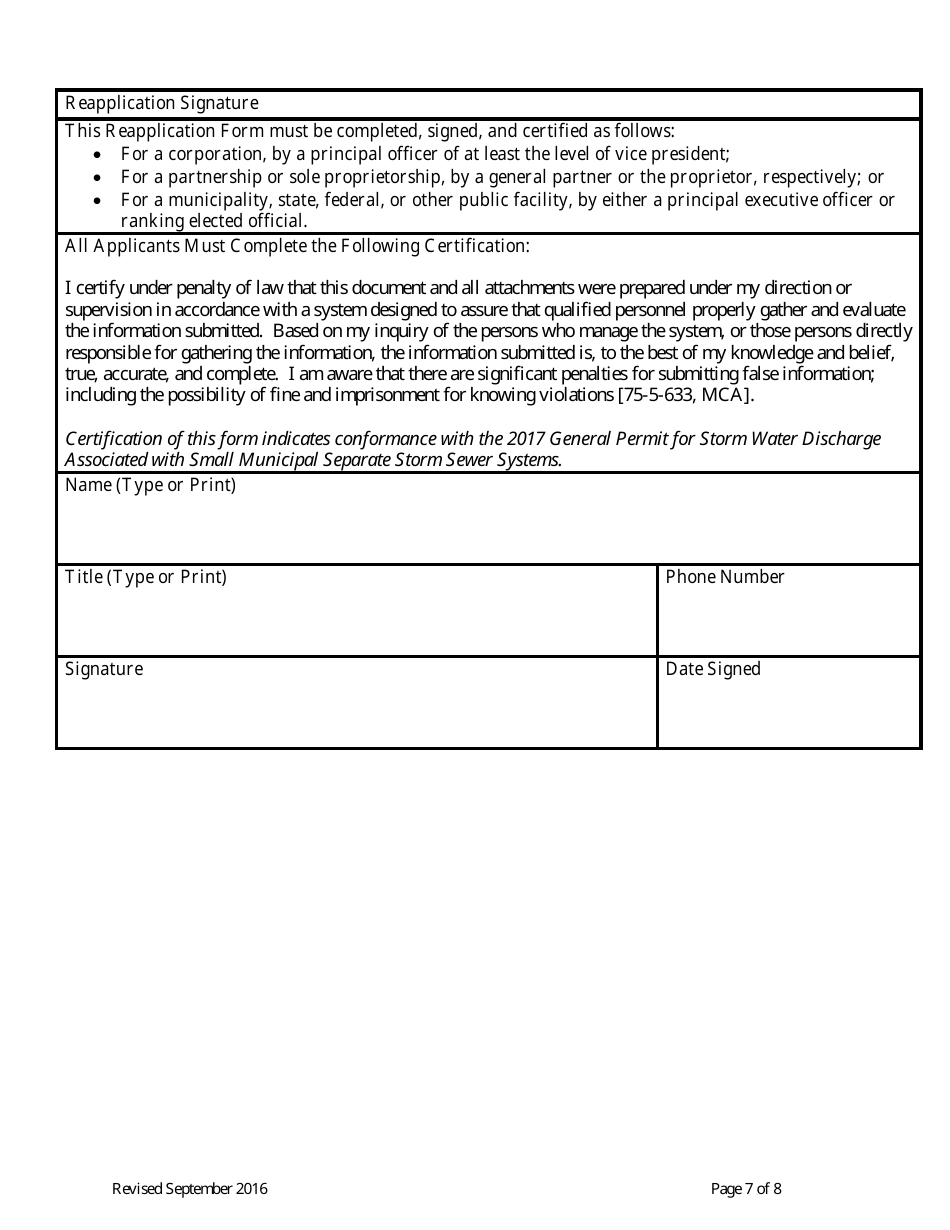 Form MS4REAPP Permittee Reapplication Form - General Permit for Storm Water Discharges Associated With Ms4s - Montana, Page 7