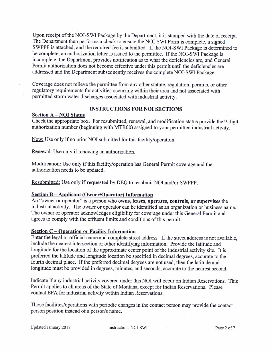 Instructions for Form NOI-SWI Notice of Intent for Multi-Sector Storm Water Discharges Associated With Industrial Activity - Montana, Page 3