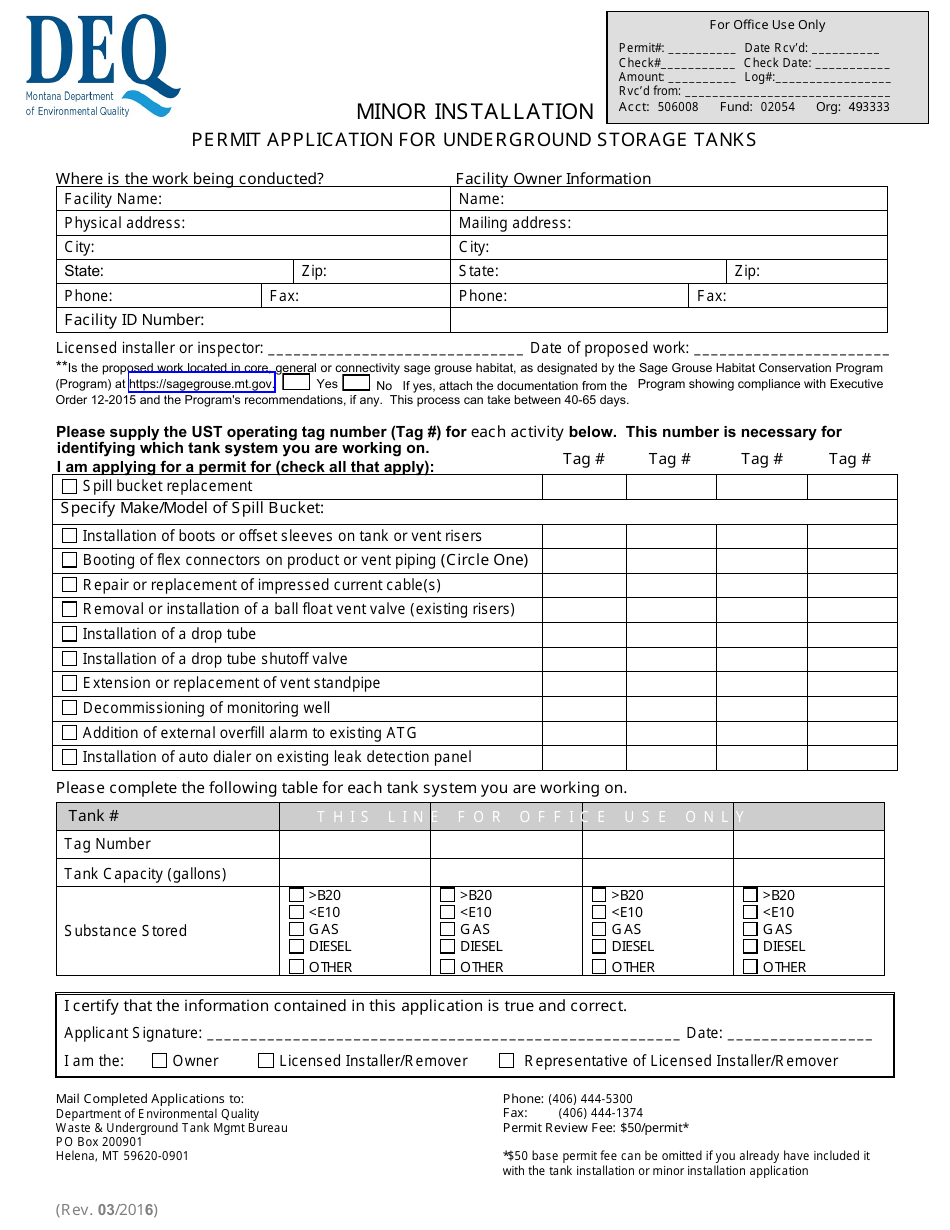 Minor Installation - Permit Application for Underground Storage Tanks - Montana, Page 1