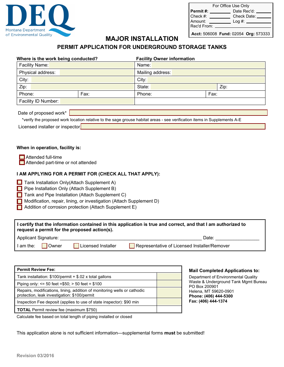 Montana Major Installation Permit Application for Underground Storage