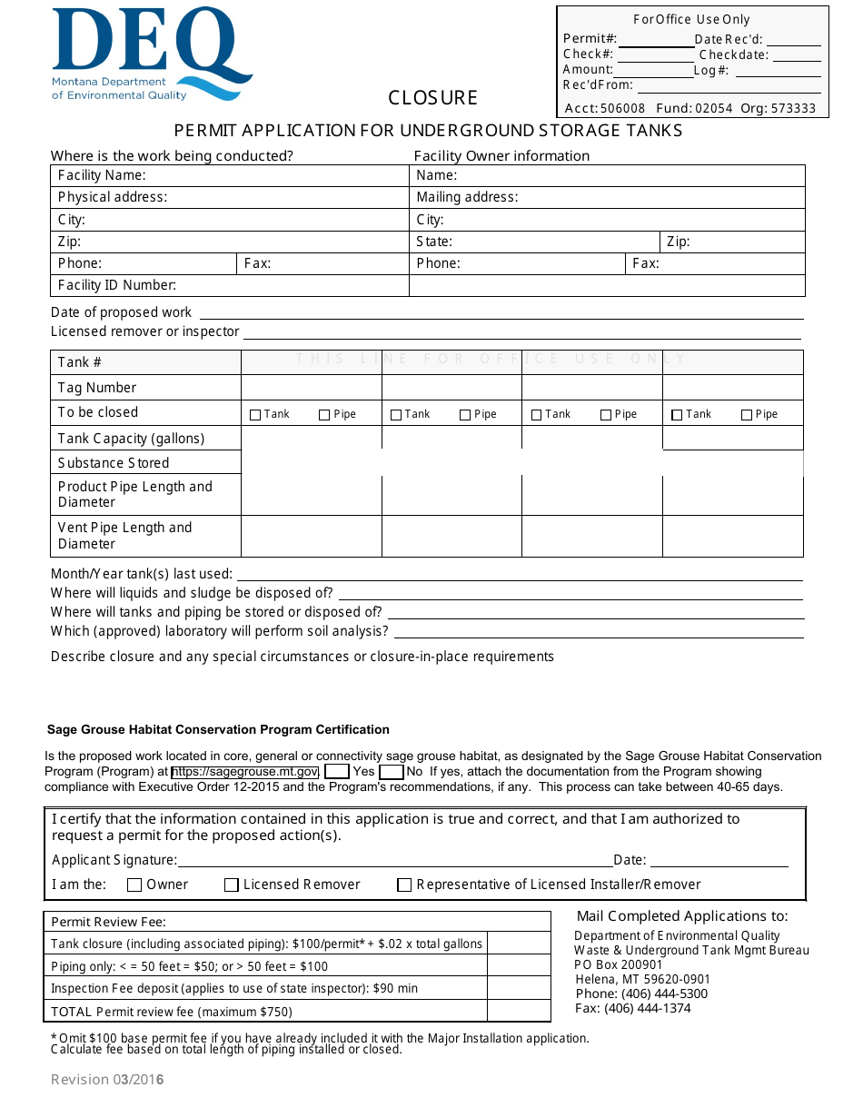 Closure Permit Application for Underground Storage Tanks - Montana, Page 1