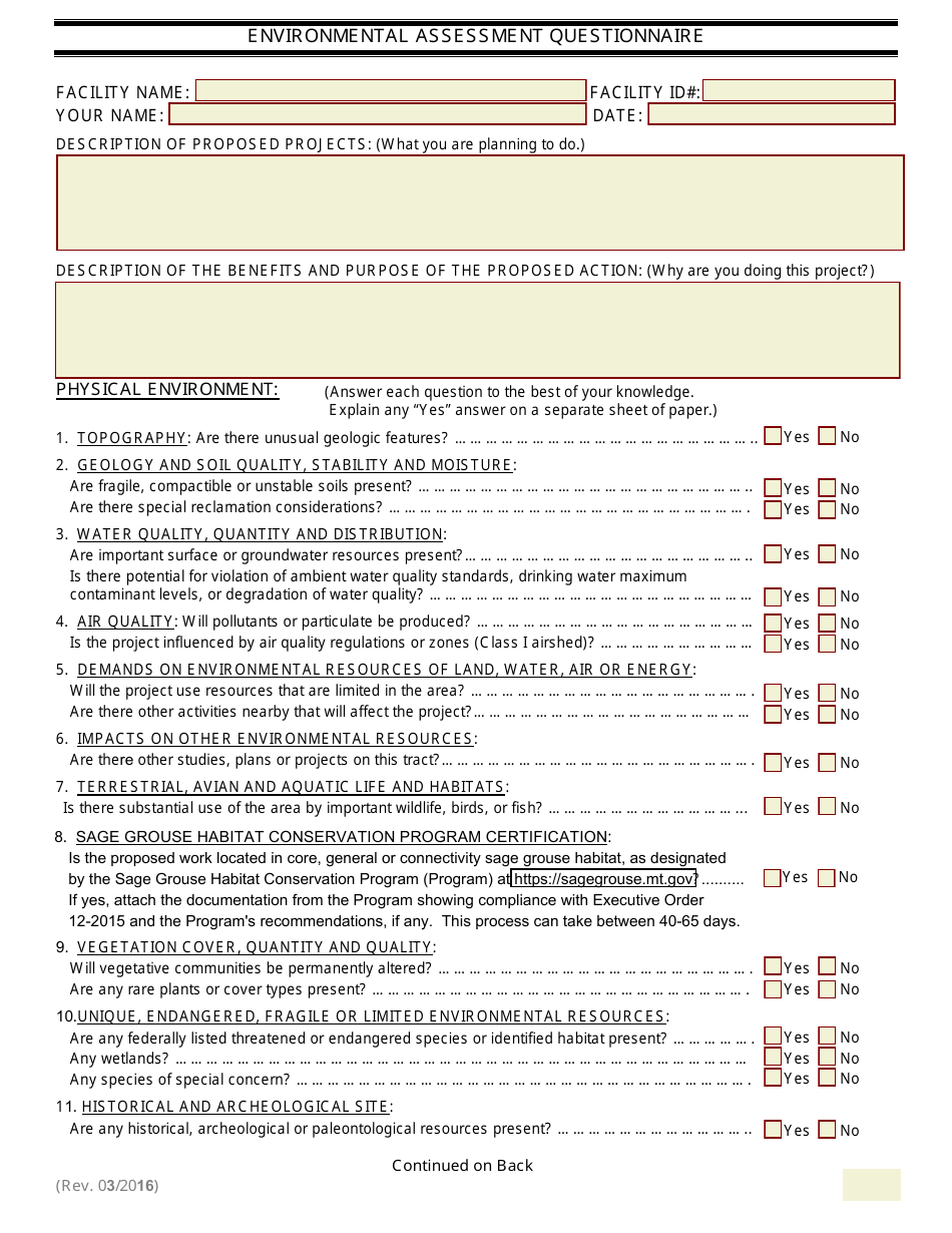 Environmental Assessment Questionnaire - Montana, Page 1