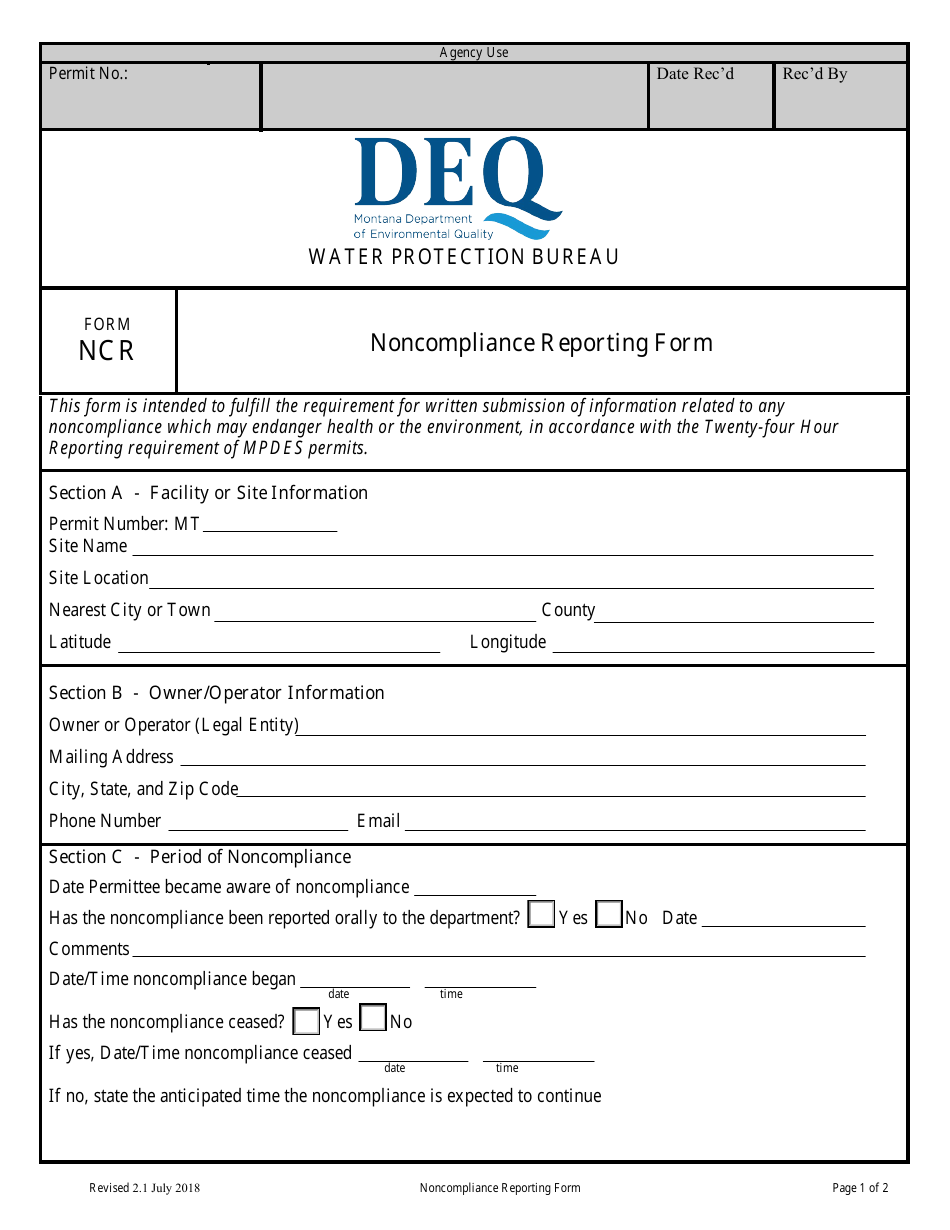 Form NCR Noncompliance Reporting Form - Montana, Page 1