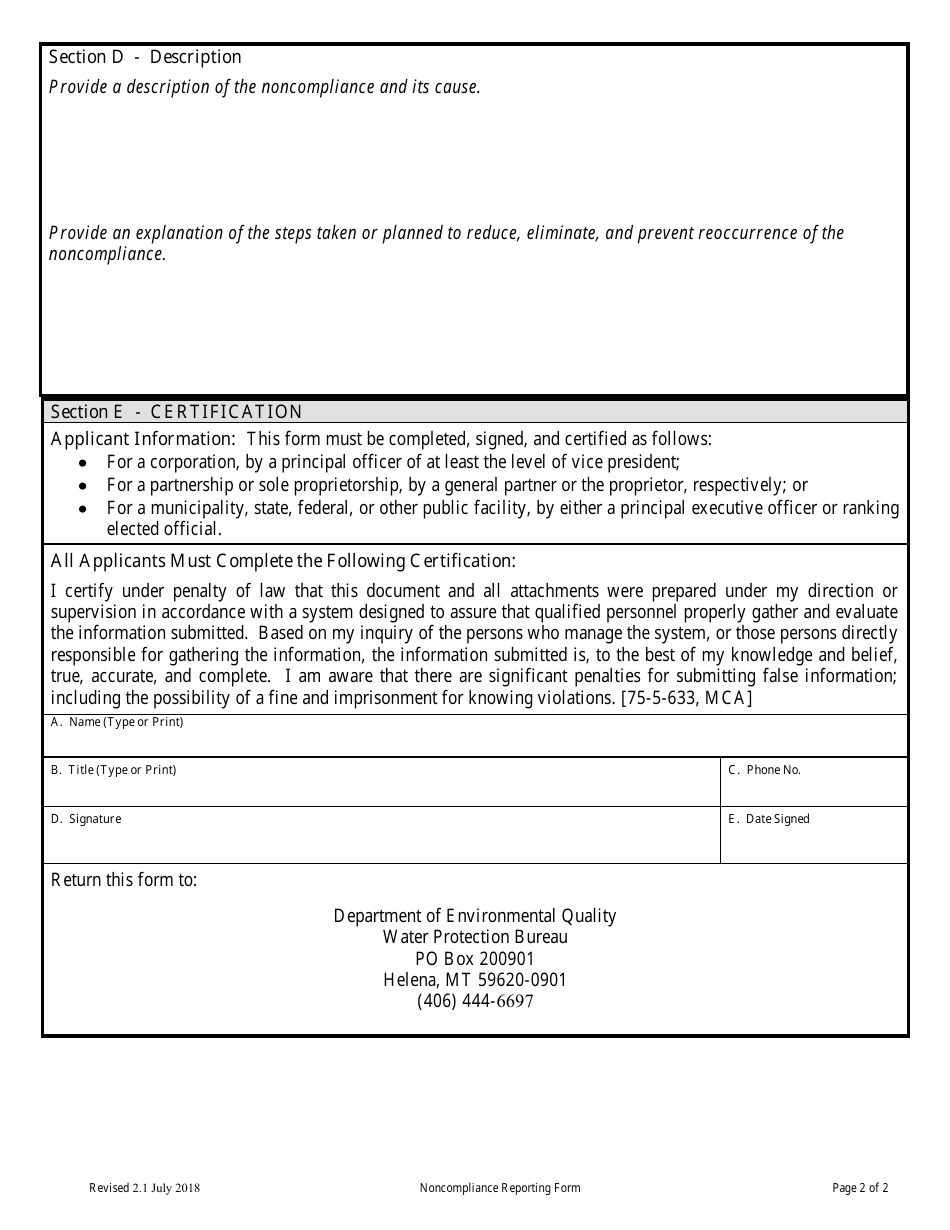 Form NCR Noncompliance Reporting Form - Montana, Page 2