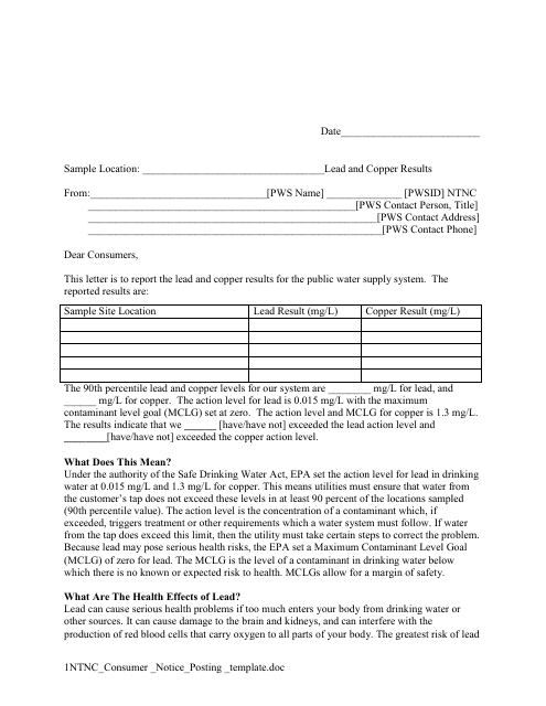 Lead and Copper Consumer Notice Posting Template for Non-community - Non-transient Systems - Montana