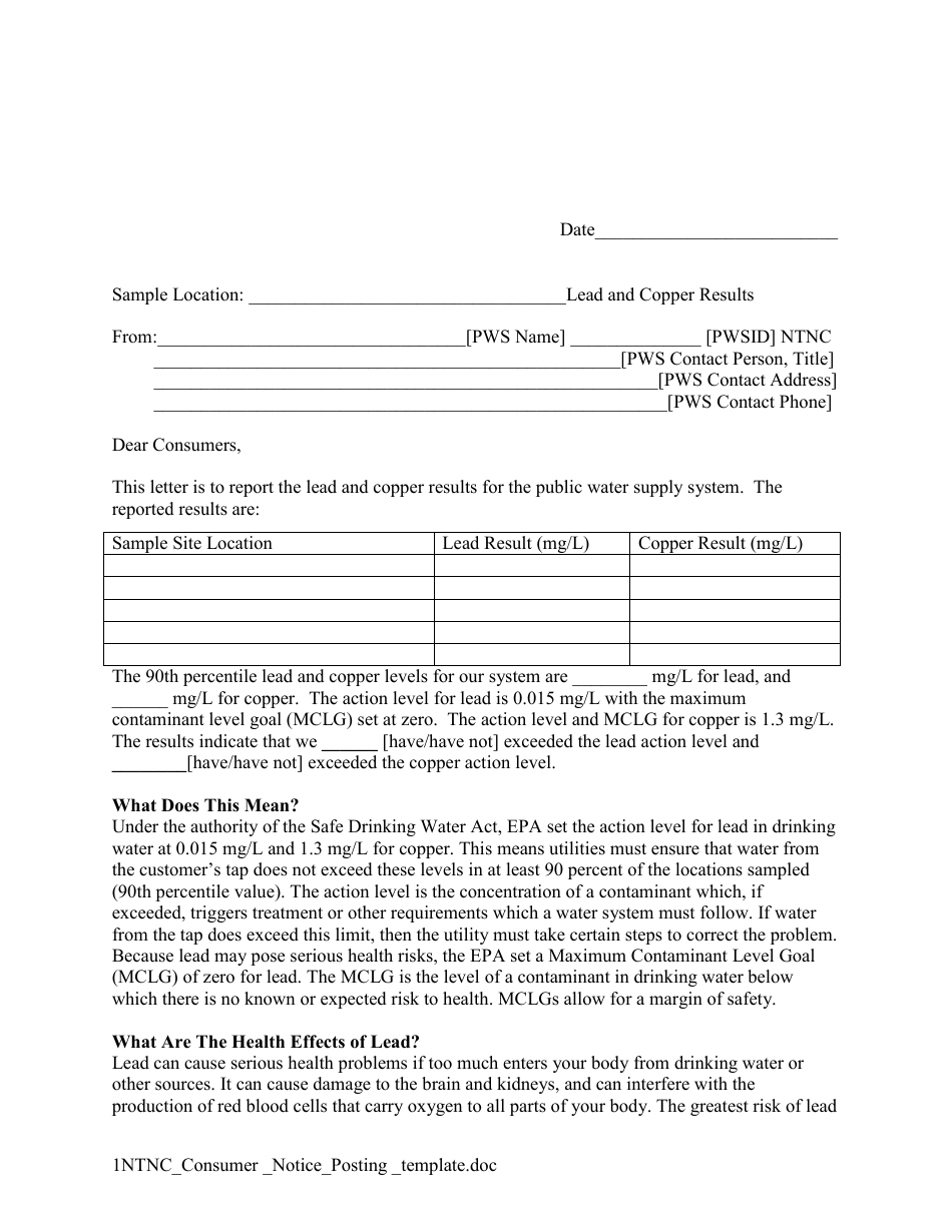 Lead and Copper Consumer Notice Posting Template for Non-community - Non-transient Systems - Montana, Page 1