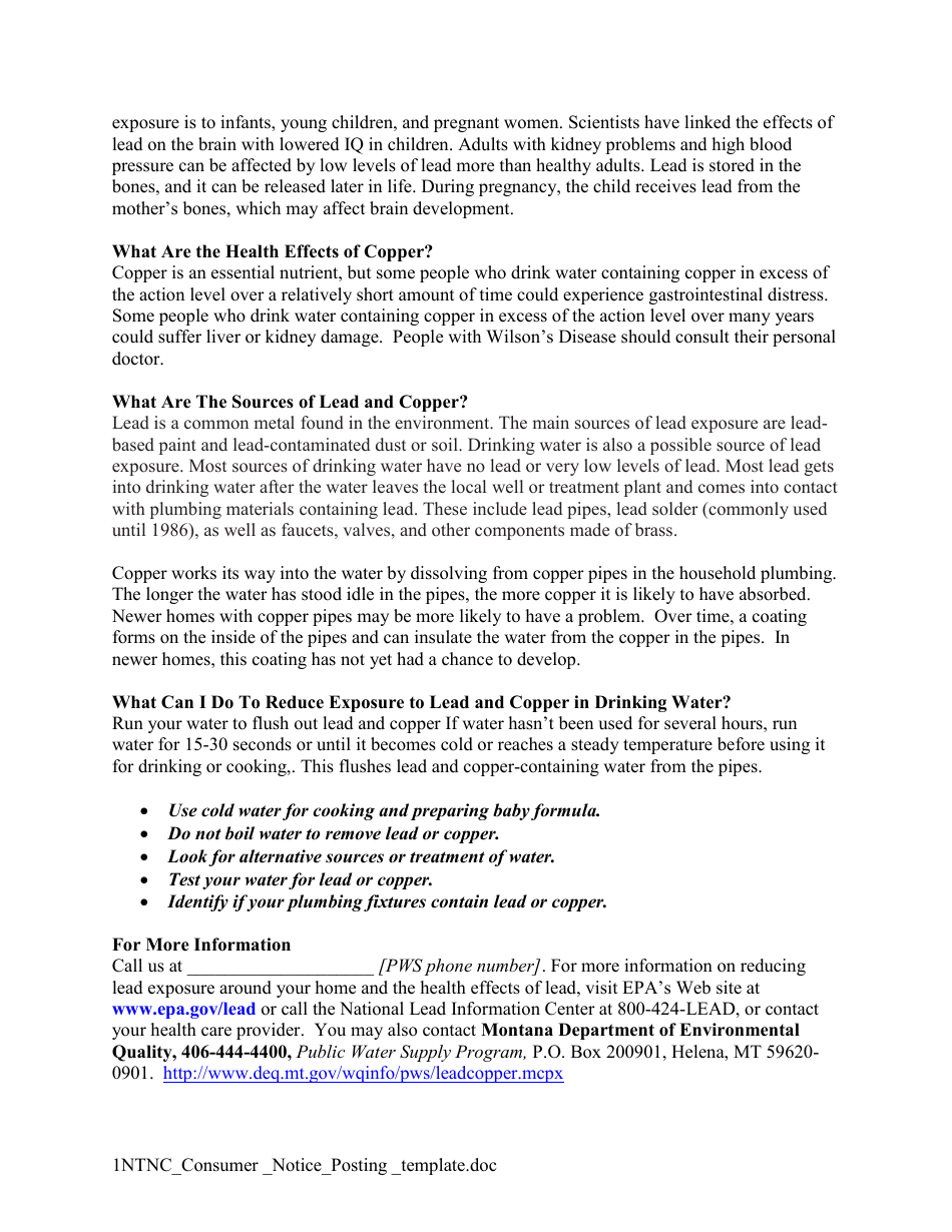 Lead and Copper Consumer Notice Posting Template for Non-community - Non-transient Systems - Montana, Page 2