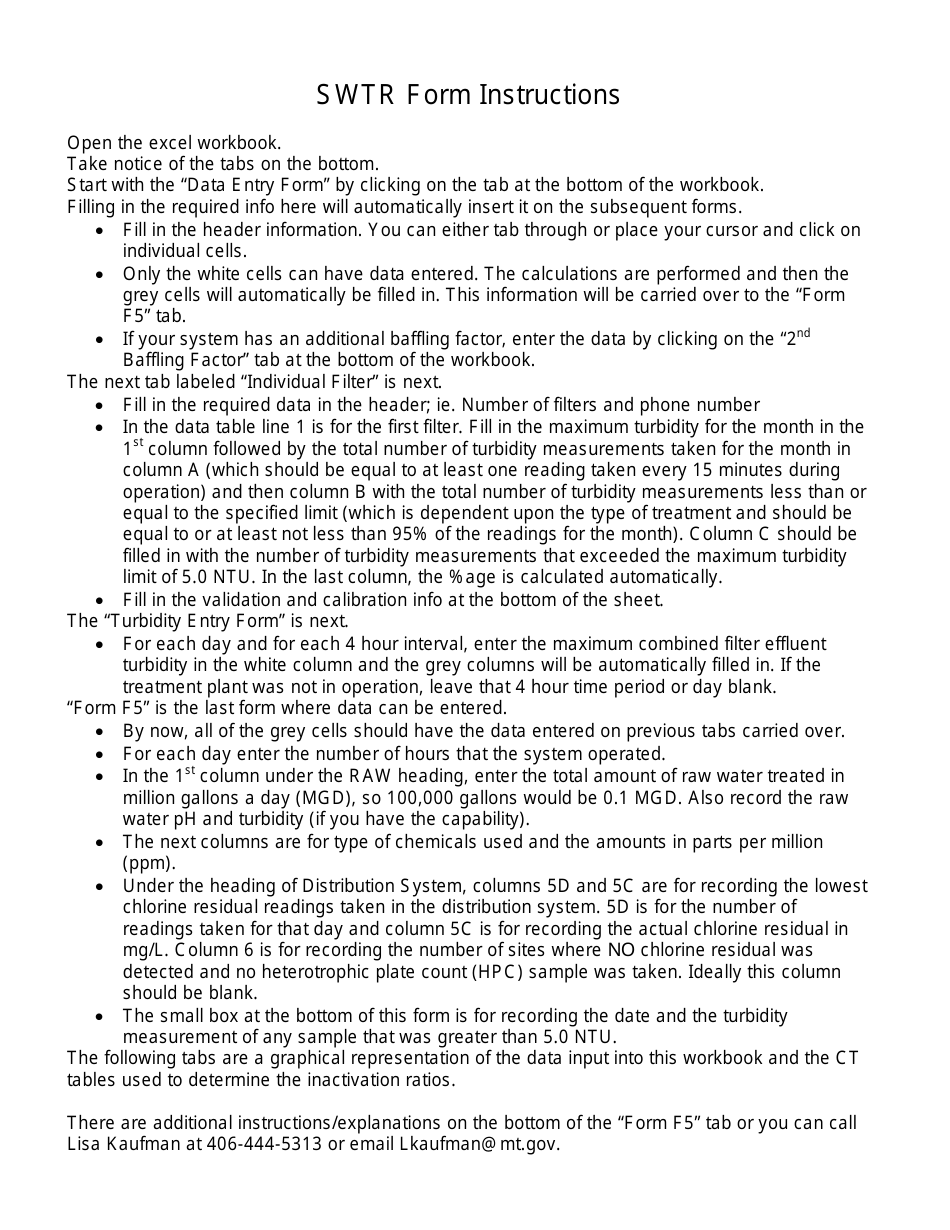 Instructions for Form SWTR Monthly Operating Report - Montana, Page 1