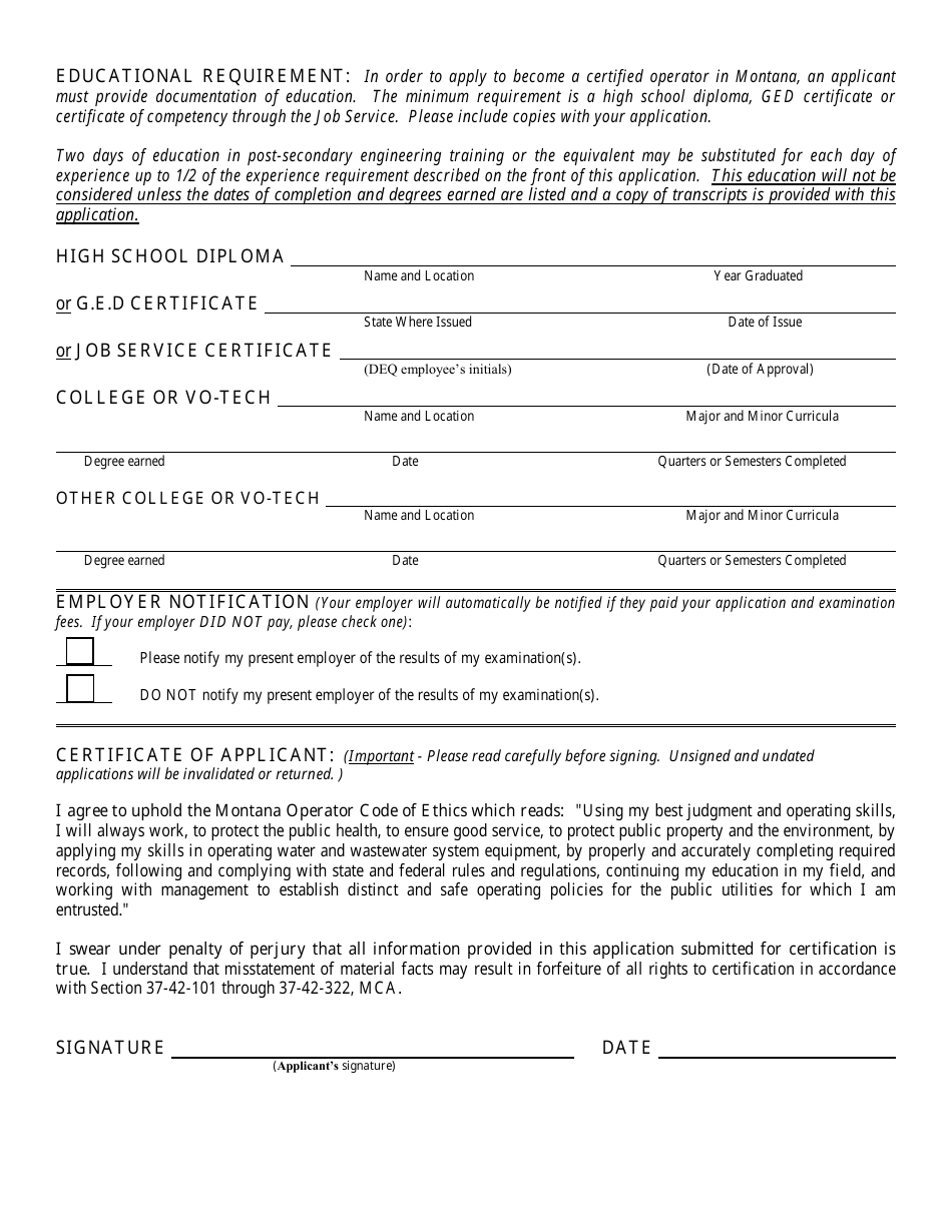 Montana Application for Certification as an Operator of a Water Distribution System or a Water Treatment System - Montana, Page 4