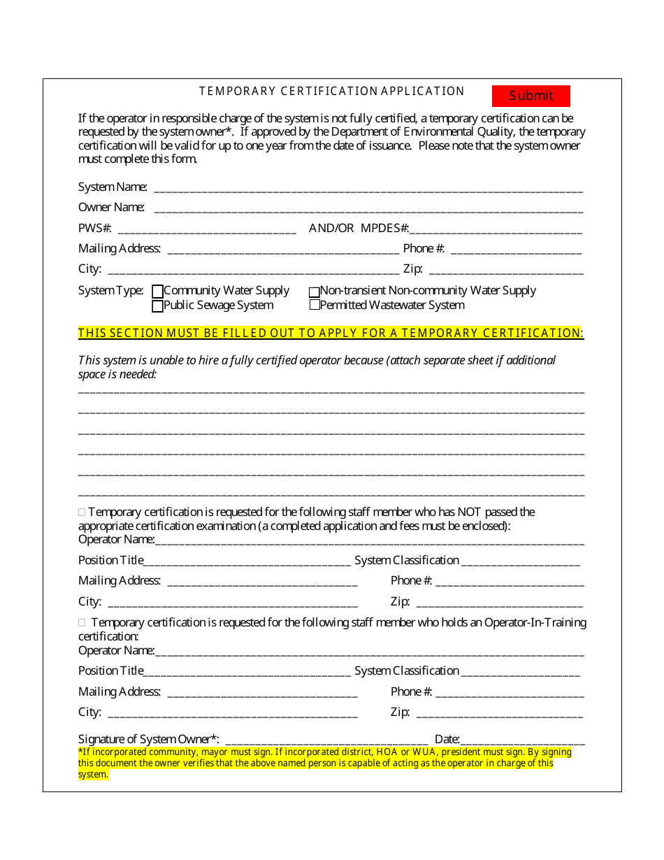 Temporary Certification Application Form - Montana, Page 1